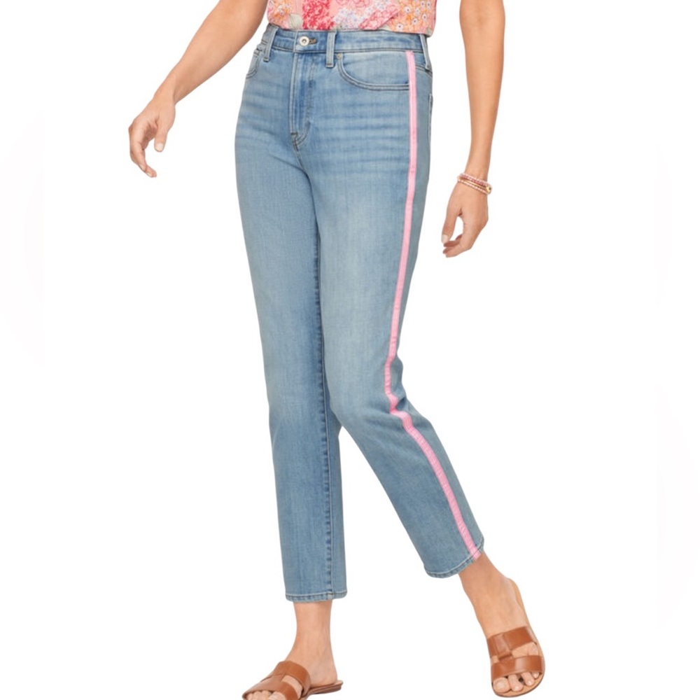 Talbots Modern Ankle Blue Jeans Pink Grosgrain Ribbon Side Stripes 8P